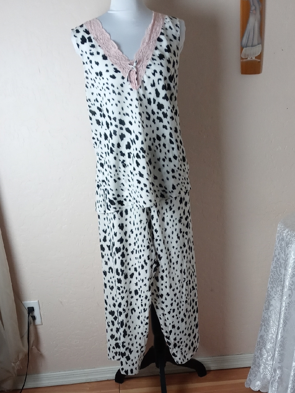 Morgan Taylor Intimates Dalmatian Print Pajama Set with Pink Lace Trim